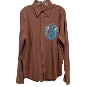 APRICOTTREE Men long sleeve shirt gorgeous blue and gold embroidery stretchy L